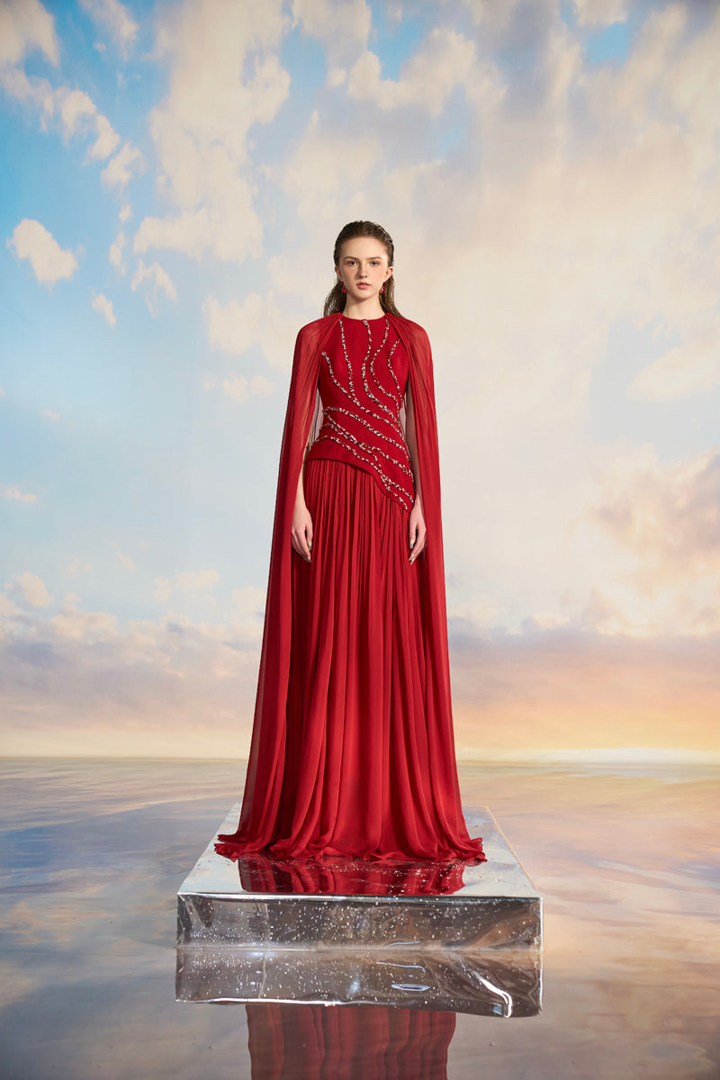 KERENZA CREPE MIXED CHIFFON PLEATED GOWN | CULT MIA