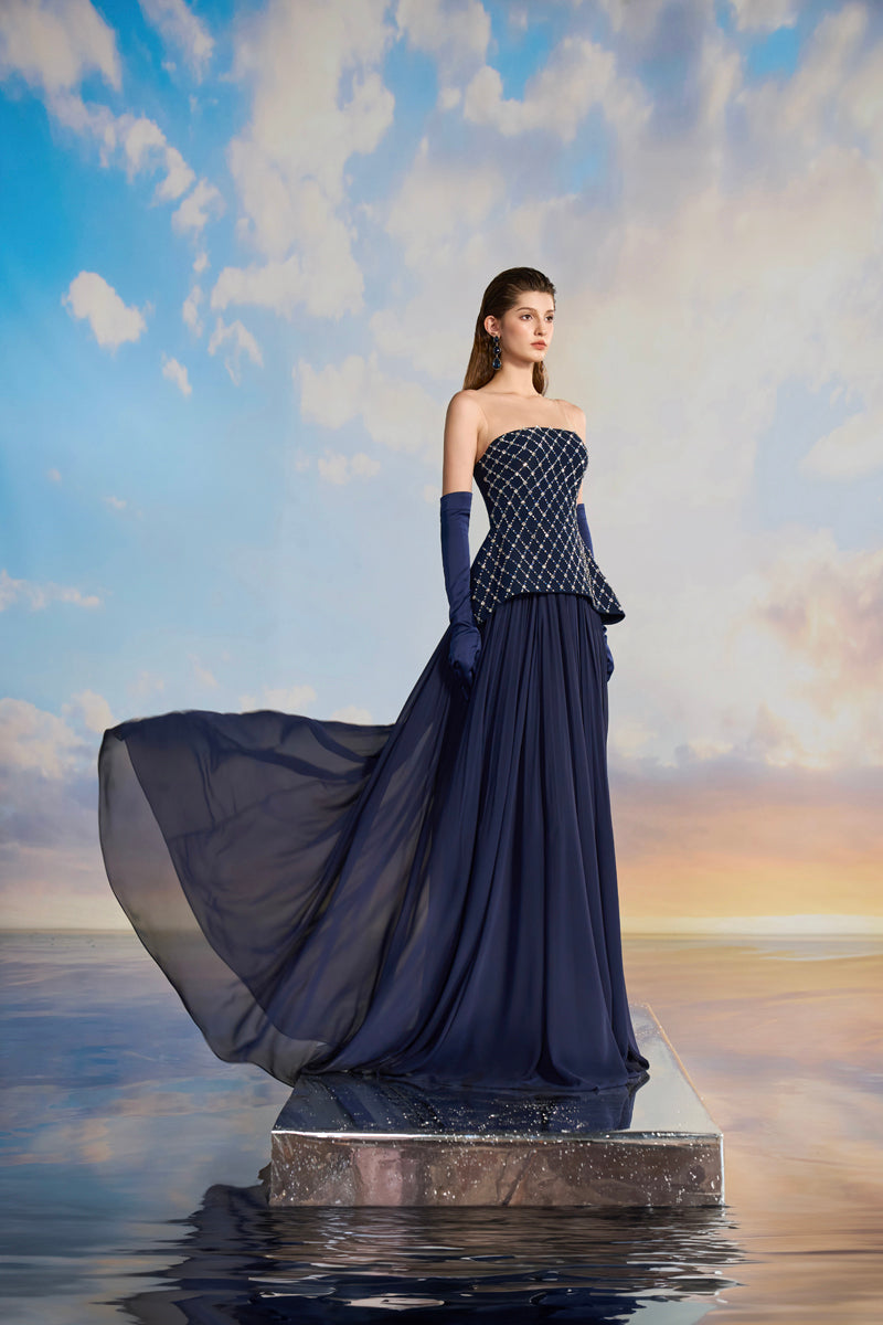 TAYLOR CREPE MIXED CHIFFON FLARED MAXI DRESS