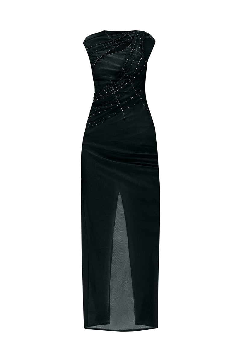 FRANCIS SHEATH BOAT NECK TULLE FLOOR LENGTH DRESS - CULT MIA