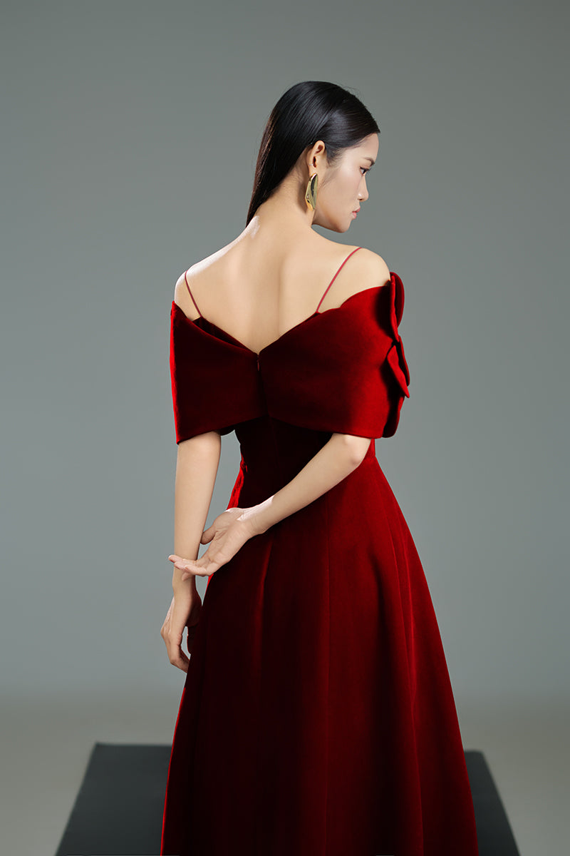 OFF-SHOULDER VELVET PETAL NECKLINE A LINE MAXI DRESS IN RED - CULT MIA