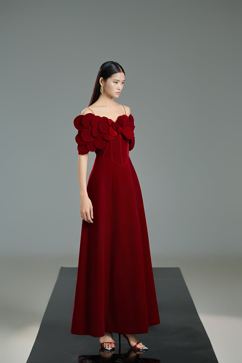 OFF-SHOULDER VELVET PETAL NECKLINE A LINE MAXI DRESS IN RED - CULT MIA