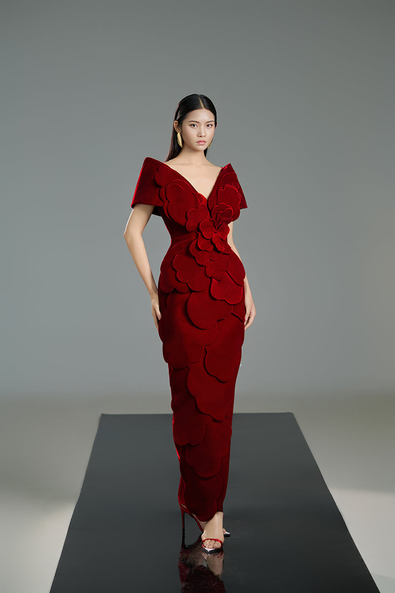 VELVET V-NECK PETAL EMBELLISHED WITH STRUCTURED SHOULDERS MAXI DRESS IN RED - CULT MIA