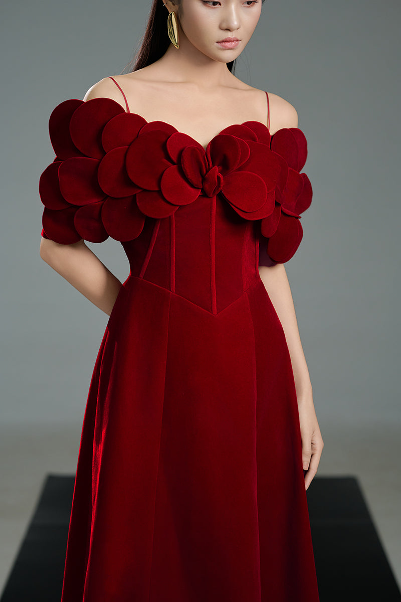 OFF-SHOULDER VELVET PETAL NECKLINE A LINE MAXI DRESS IN RED - CULT MIA