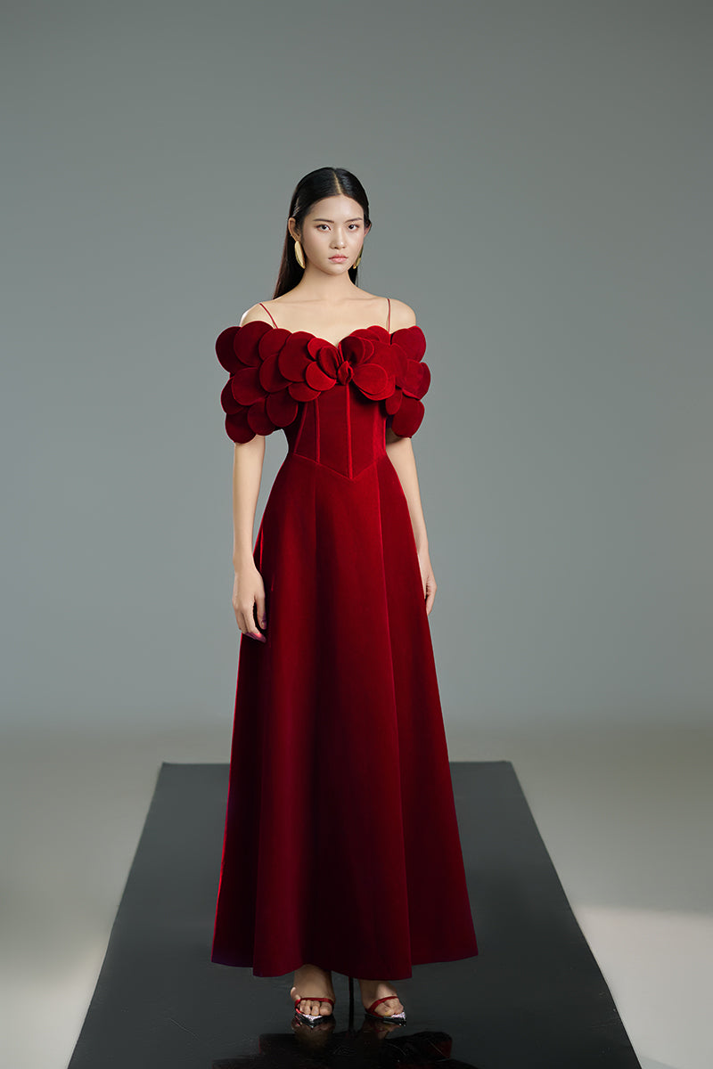 OFF-SHOULDER VELVET PETAL NECKLINE A LINE MAXI DRESS IN RED - CULT MIA