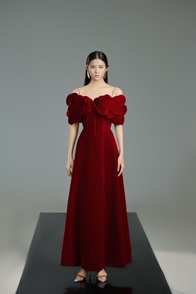 OFF-SHOULDER VELVET PETAL NECKLINE A LINE MAXI DRESS IN RED - CULT MIA