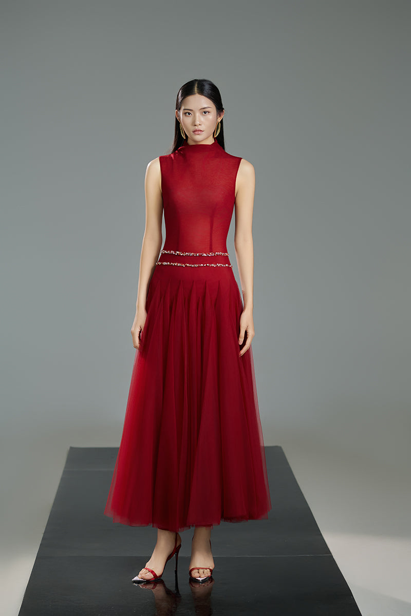 HIGH NECK ORGANZA A LINE MIDI DRESS IN RED - CULT MIA