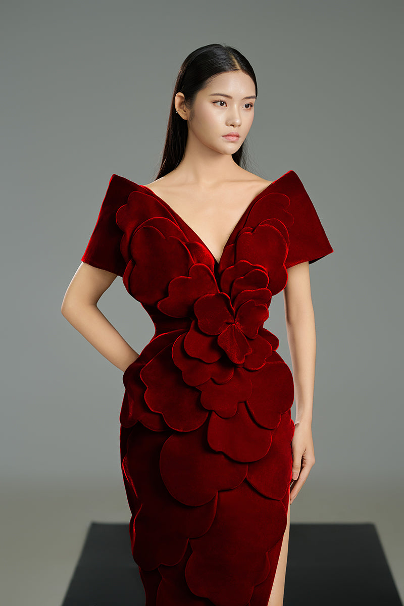 VELVET V-NECK PETAL EMBELLISHED WITH STRUCTURED SHOULDERS MAXI DRESS IN RED - CULT MIA