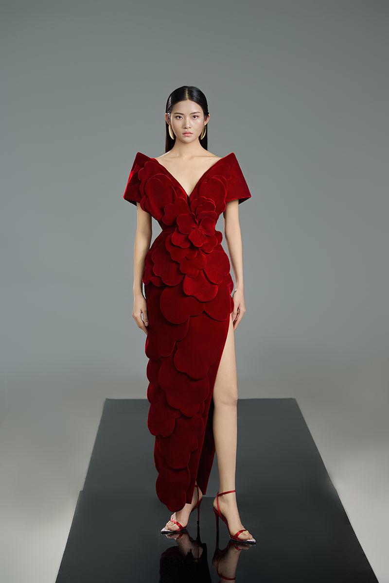 VELVET V-NECK PETAL EMBELLISHED WITH STRUCTURED SHOULDERS MAXI DRESS IN RED - CULT MIA