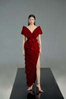 Red velvet petal-structured gown by Happy Clothing, featuring elegant design and intricate detailing in the image.
