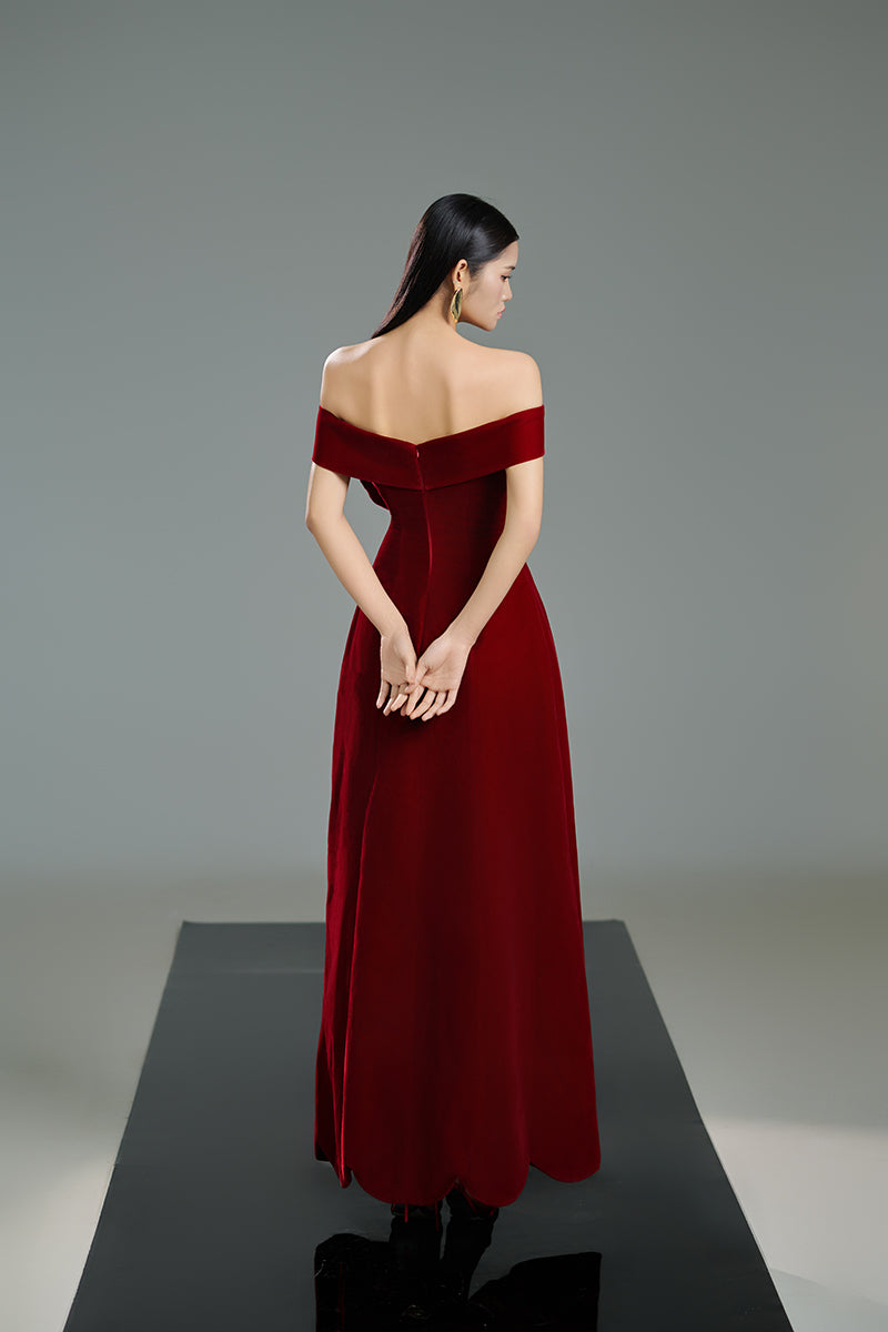 OFF-SHOULDER VELVET PETAL MAXI DRESS IN RED - CULT MIA
