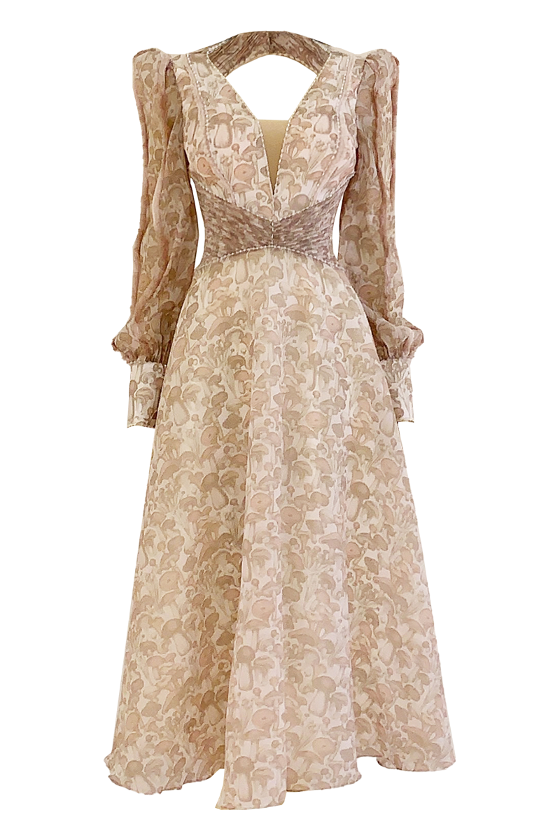 MUSHROOM MIDI DRESS WITH FEATHER ON HAND - CULT MIA