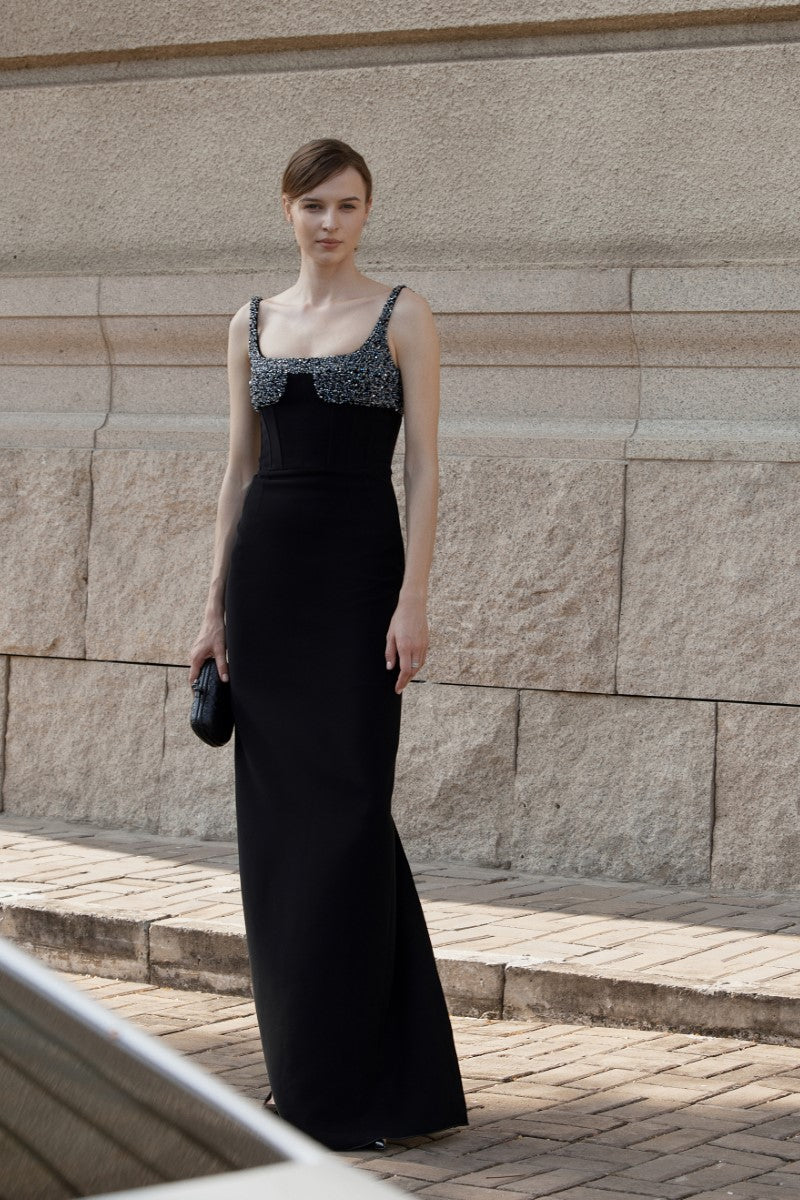 LANCASTER BLACK CRYSTAL DETAILED GOWN - CULT MIA