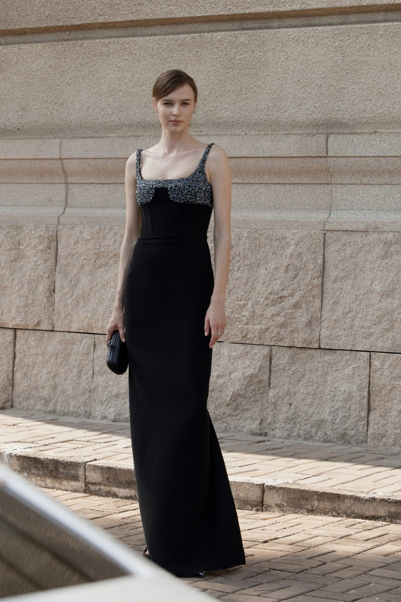 LANCASTER BLACK CRYSTAL DETAILED GOWN - CULT MIA