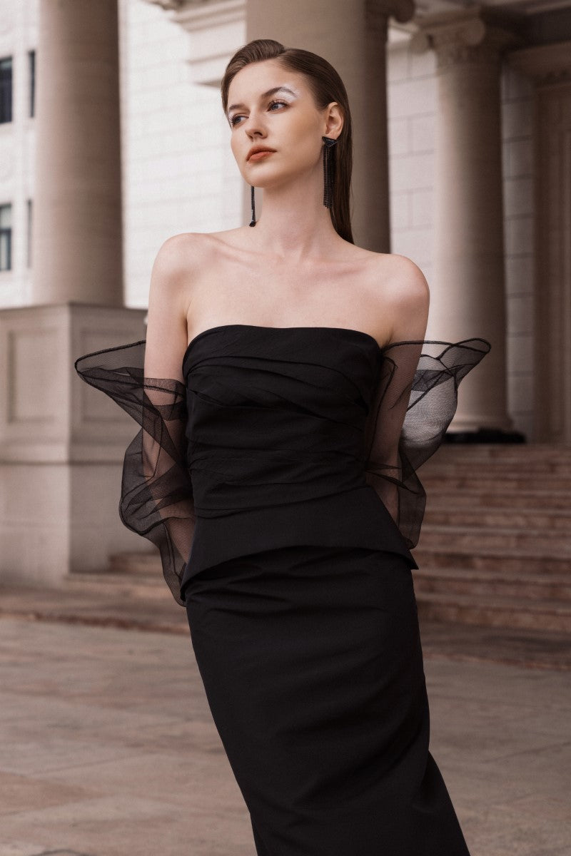 KRISTINE BLACK STRAPLESS PEPLUM GOWN - CULT MIA