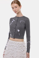 Gray 3D floral cardigan by Montsand, lightweight knit top with textured floral pattern and relaxed fit.