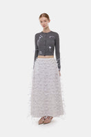Gray 3D floral cardigan by Montsand, soft knit top with intricate floral pattern, long sleeves, and cozy fit.