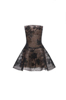 Black floral appliqué mini dress by Montsand, featuring intricate floral embroidery and a stylish mini length.