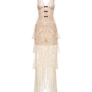 Beige floral bow V-neck maxi dress by Montsand, featuring a flowing silhouette and elegant design for stylish occasions.