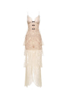 Beige floral bow V-neck maxi dress by Montsand, featuring a flowing silhouette and elegant design for stylish occasions.