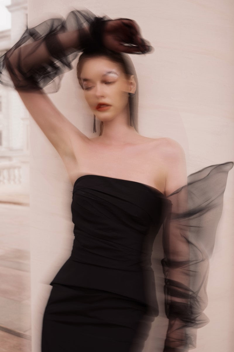 KRISTINE BLACK STRAPLESS PEPLUM GOWN - CULT MIA
