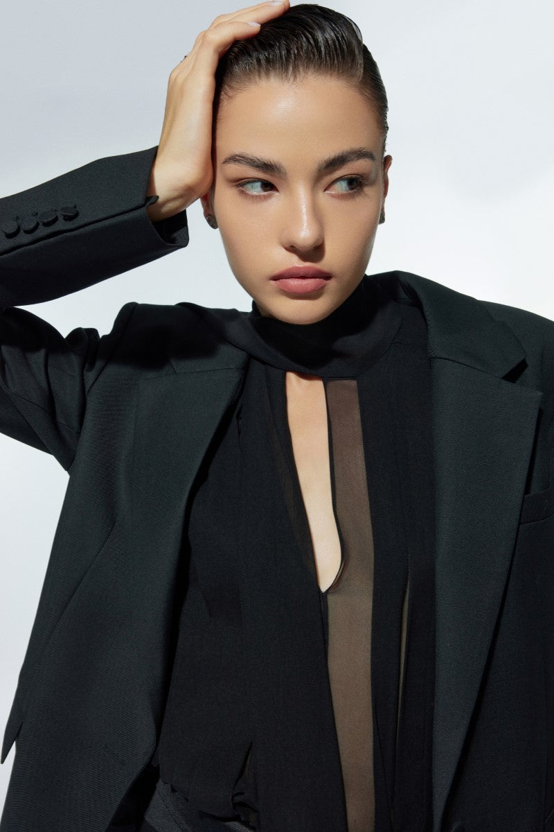 Black silk chiffon shirt by Lekieu featuring a flowing, lightweight fabric and elegant design, perfect for stylish, sophisticated looks.