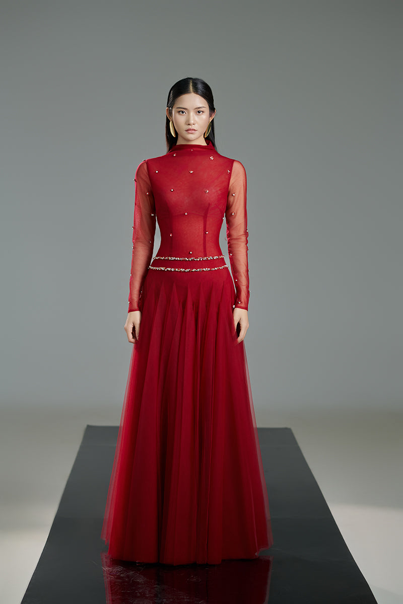 RED BODYCON LONG SLEEVED ORGANZA MAXI DRESS IN RED - CULT MIA