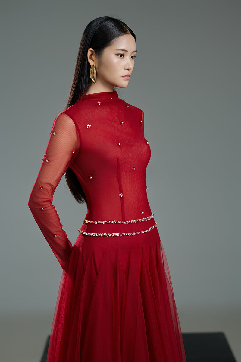 RED BODYCON LONG SLEEVED ORGANZA MAXI DRESS IN RED - CULT MIA