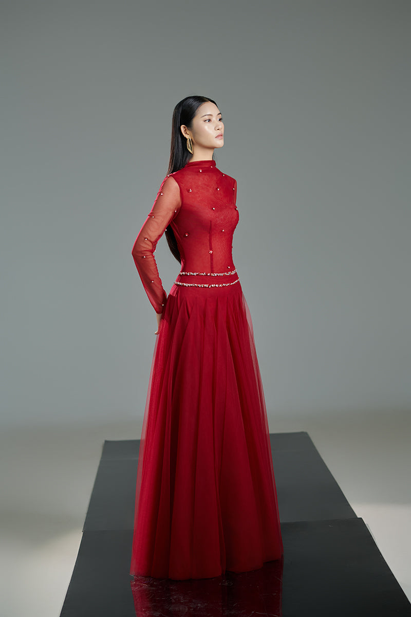 RED BODYCON LONG SLEEVED ORGANZA MAXI DRESS IN RED - CULT MIA