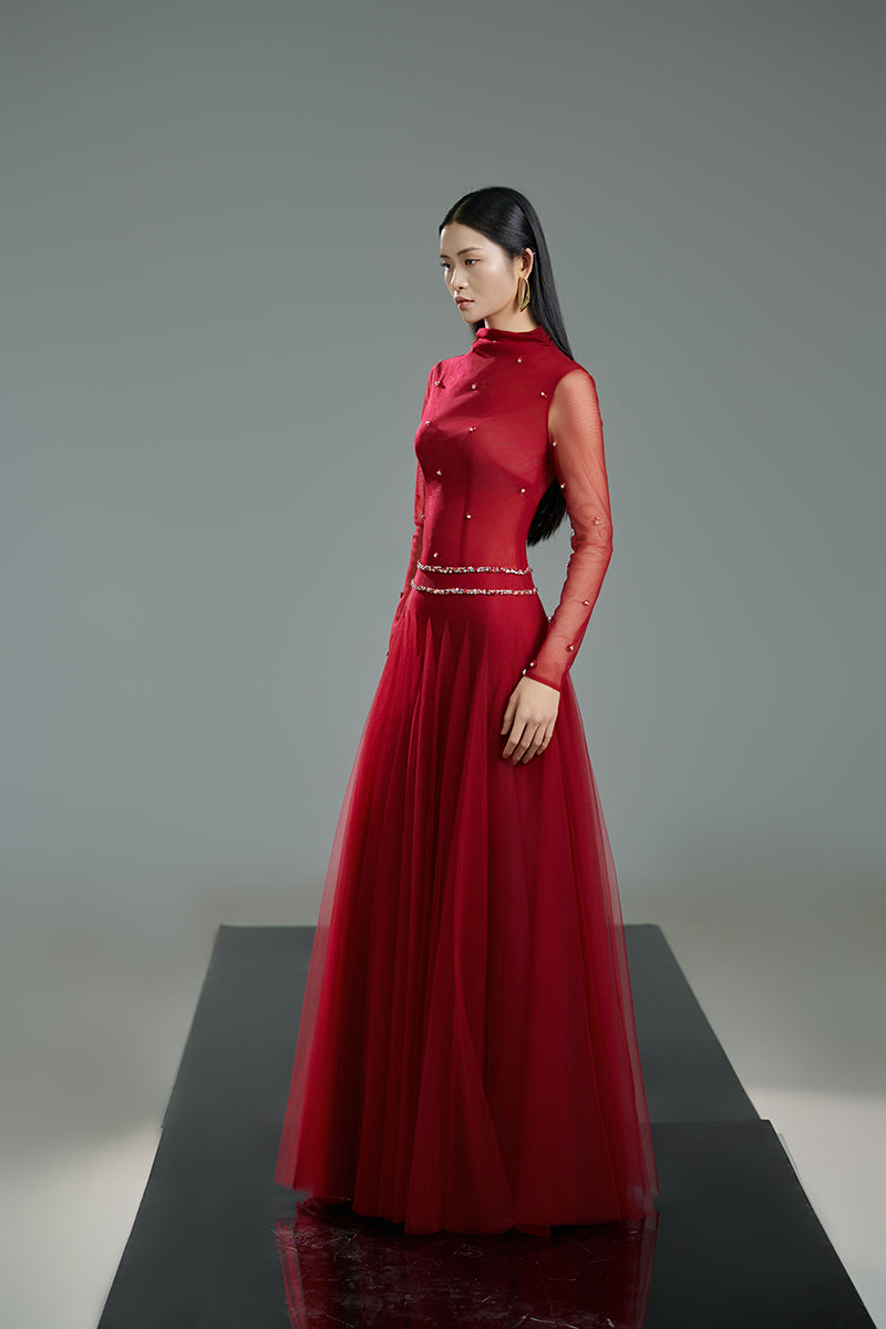 RED BODYCON LONG SLEEVED ORGANZA MAXI DRESS IN RED - CULT MIA