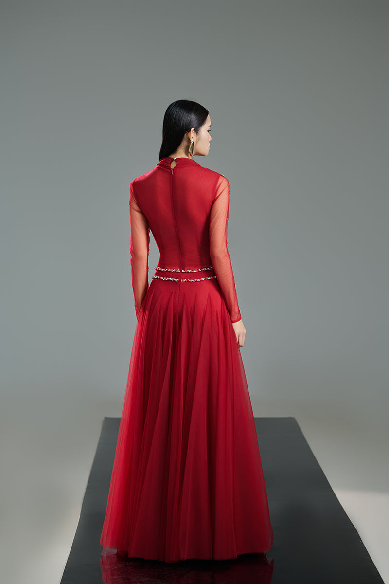 RED BODYCON LONG SLEEVED ORGANZA MAXI DRESS IN RED - CULT MIA