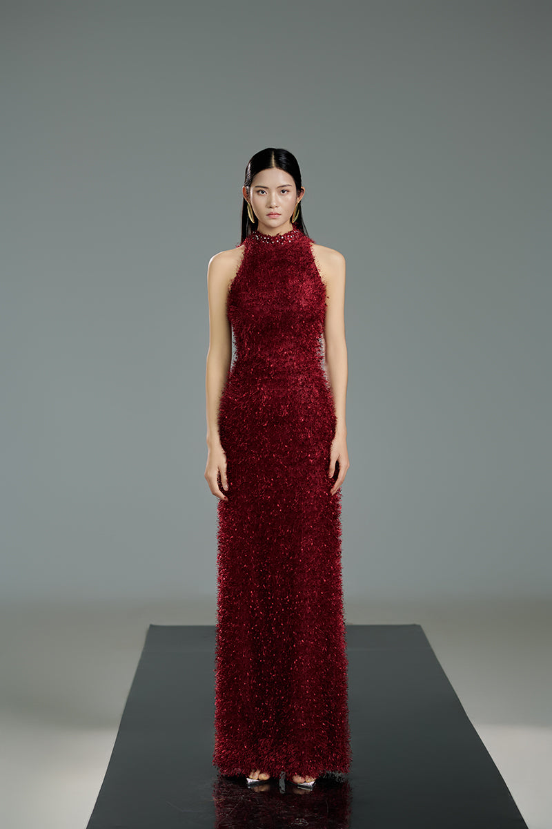 RED FEATHER MAXI DRESS IN RED - CULT MIA