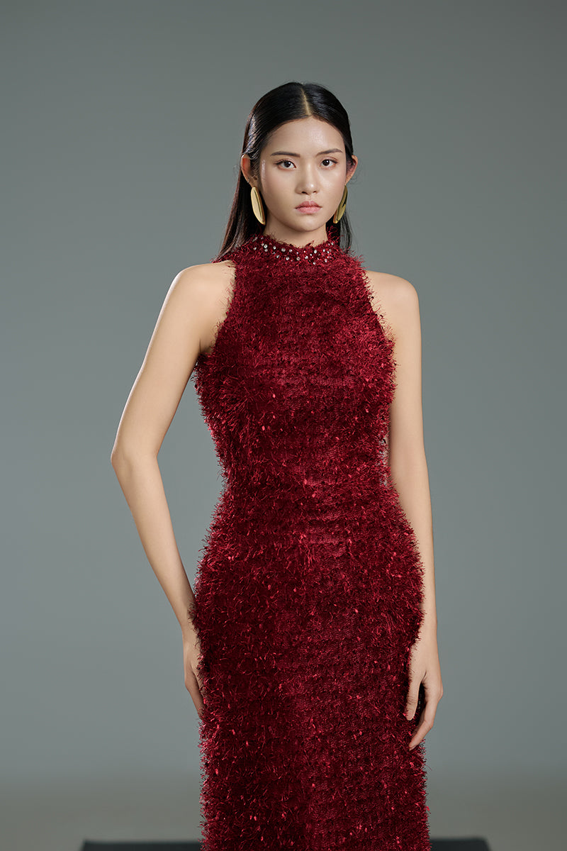 RED FEATHER MAXI DRESS IN RED - CULT MIA