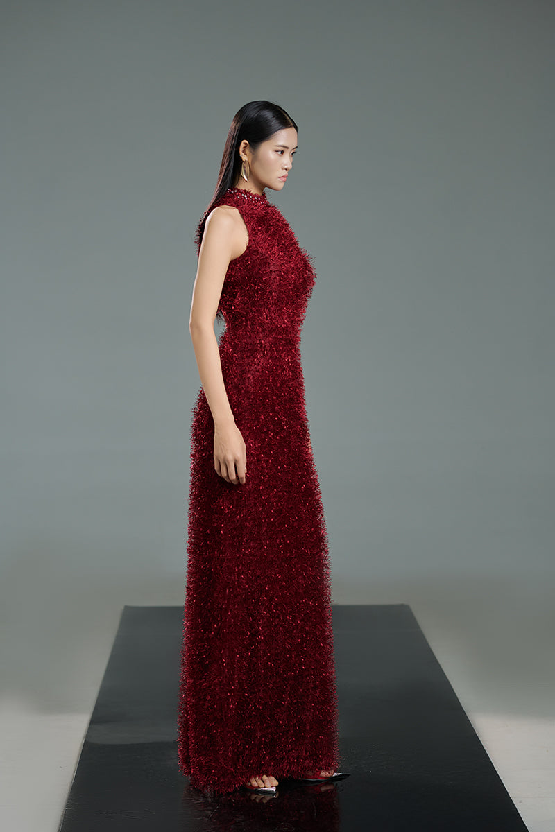 RED FEATHER MAXI DRESS IN RED - CULT MIA
