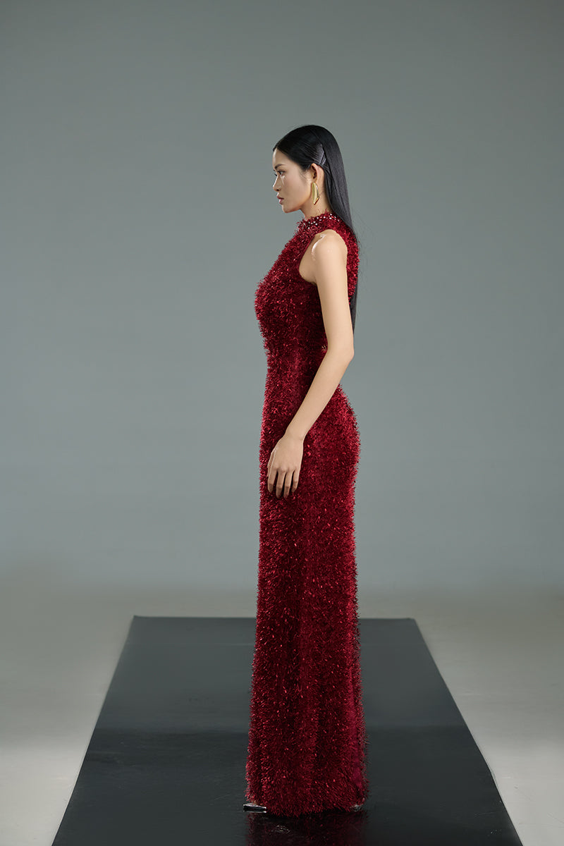 RED FEATHER MAXI DRESS IN RED - CULT MIA