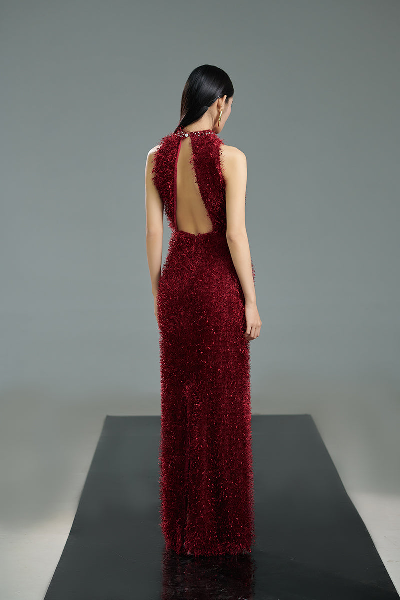 RED FEATHER MAXI DRESS IN RED - CULT MIA