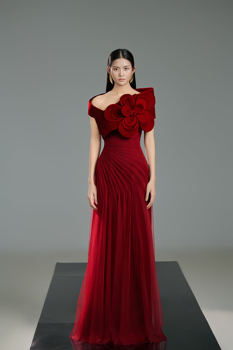 RED ROSE ONE-SHOULDER MAXI DRESS IN RED - CULT MIA