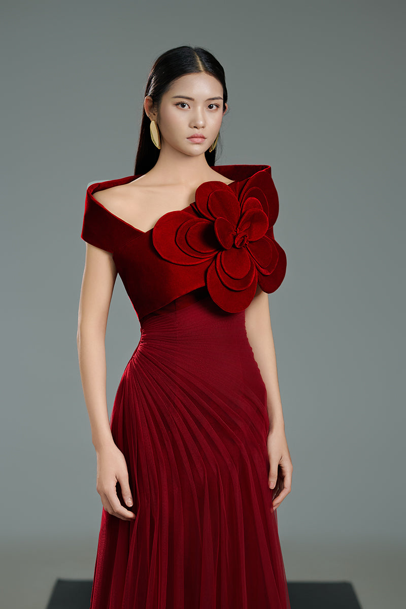 RED ROSE ONE-SHOULDER MAXI DRESS IN RED - CULT MIA