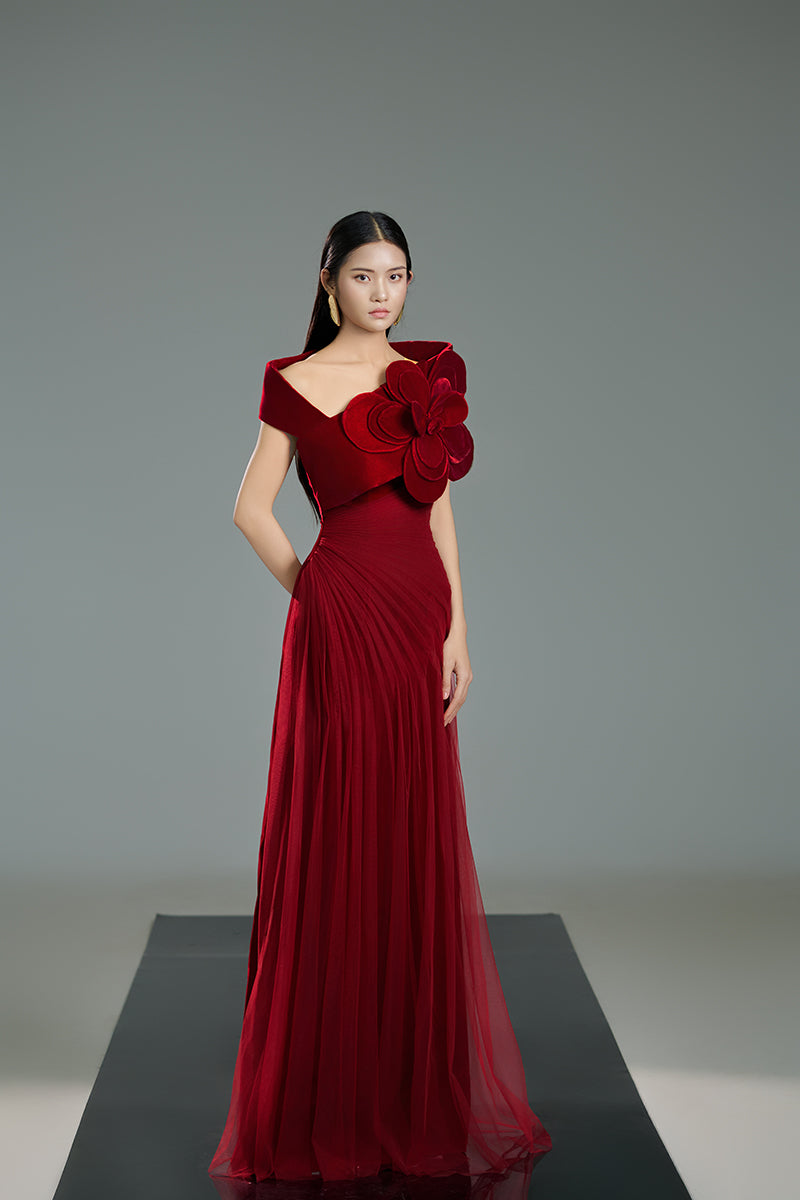 RED ROSE ONE-SHOULDER MAXI DRESS IN RED - CULT MIA
