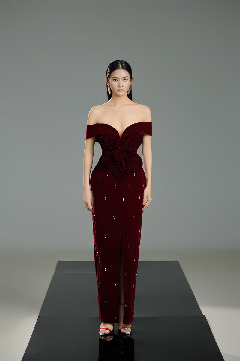 OFF-SHOULDER VELVET FLORAL MAXI DRESS IN RED - CULT MIA