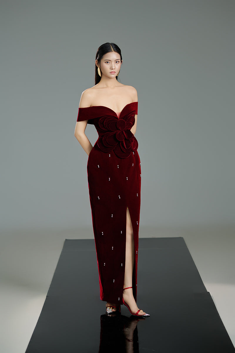 OFF-SHOULDER VELVET FLORAL MAXI DRESS IN RED - CULT MIA