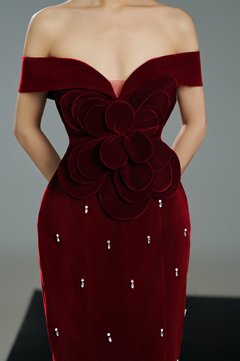 OFF-SHOULDER VELVET FLORAL MAXI DRESS IN RED - CULT MIA