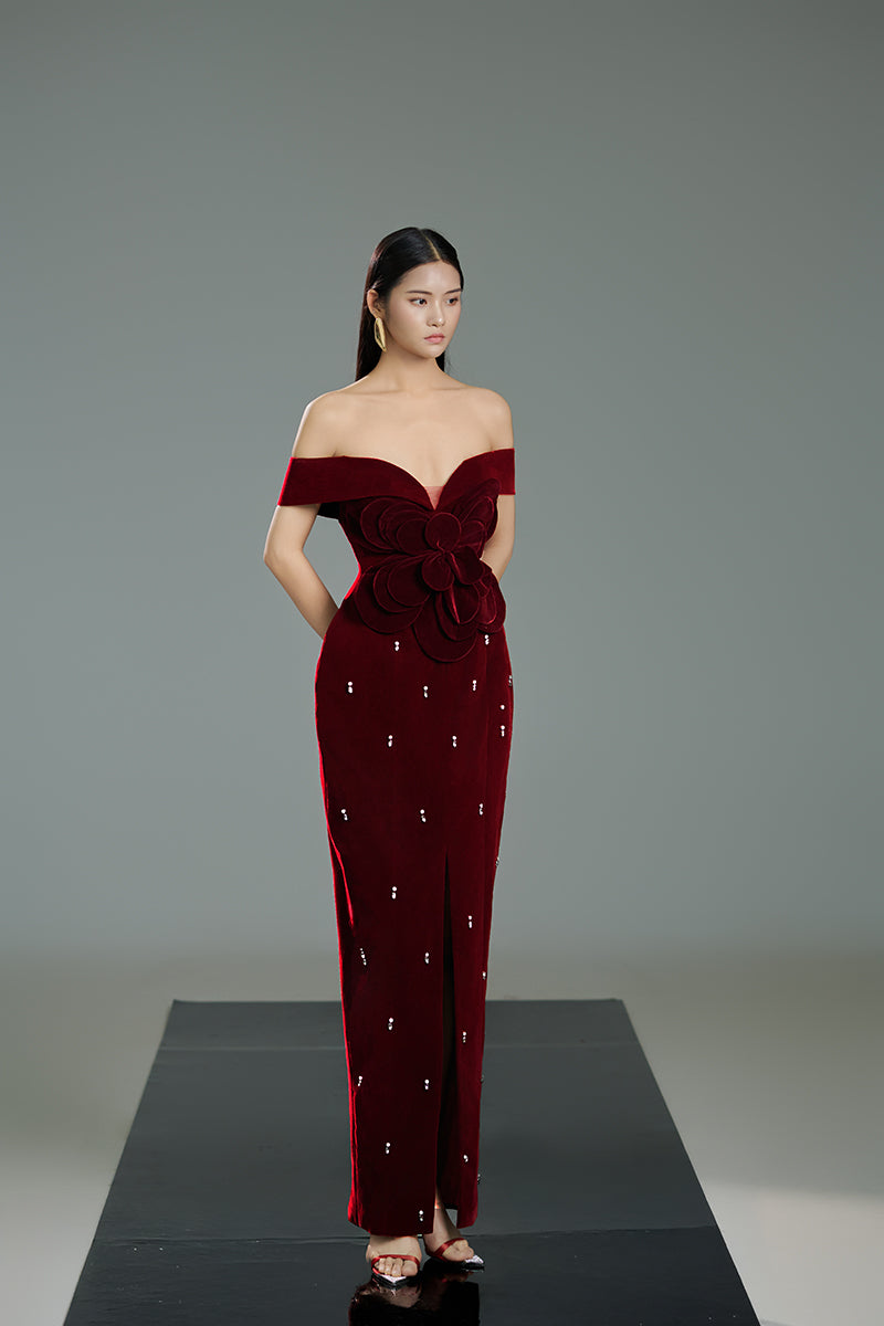 OFF-SHOULDER VELVET FLORAL MAXI DRESS IN RED - CULT MIA