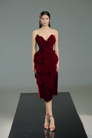 Red velvet V-neck strapless midi dress with petal details from HAPPY CLOTHING, stylish and elegant for special occasions.