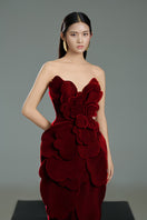 Red velvet V-neck strapless midi dress with petal accents from HAPPY CLOTHING, featuring a sleek, elegant design.
