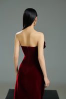 Red velvet V-neck strapless midi dress with petal details from HAPPY CLOTHING, showcased on a model.