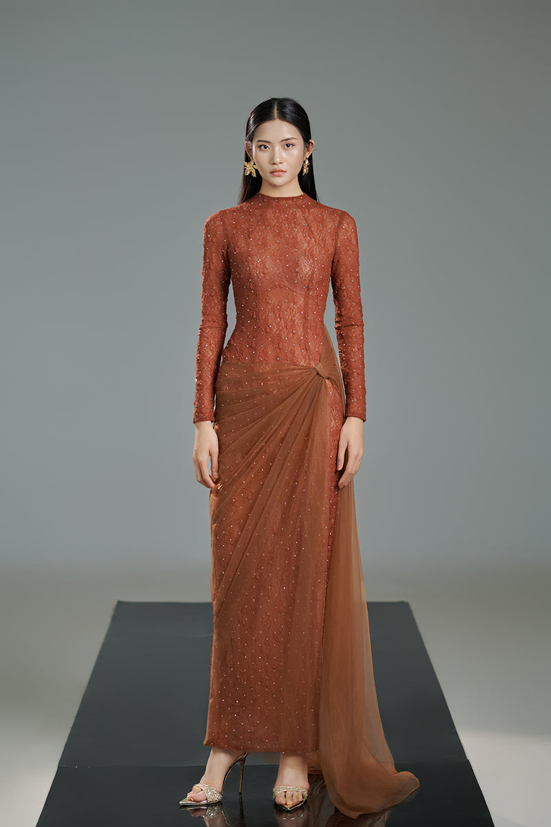 BROWN BODYCON LONG SLEEVED ORGANZA MAXI DRESS - CULT MIA
