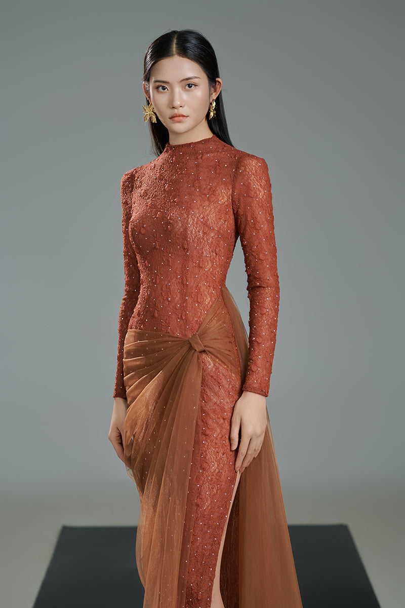 BROWN BODYCON LONG SLEEVED ORGANZA MAXI DRESS - CULT MIA
