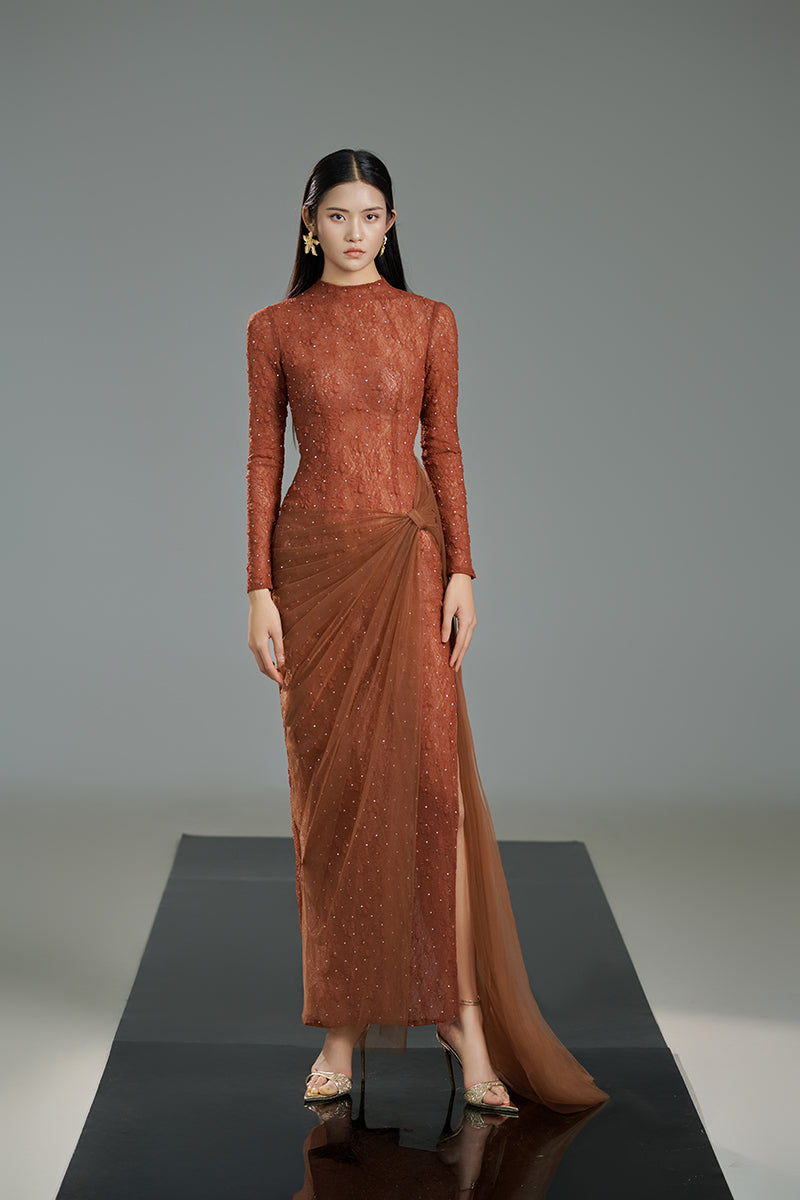 BROWN BODYCON LONG SLEEVED ORGANZA MAXI DRESS - CULT MIA
