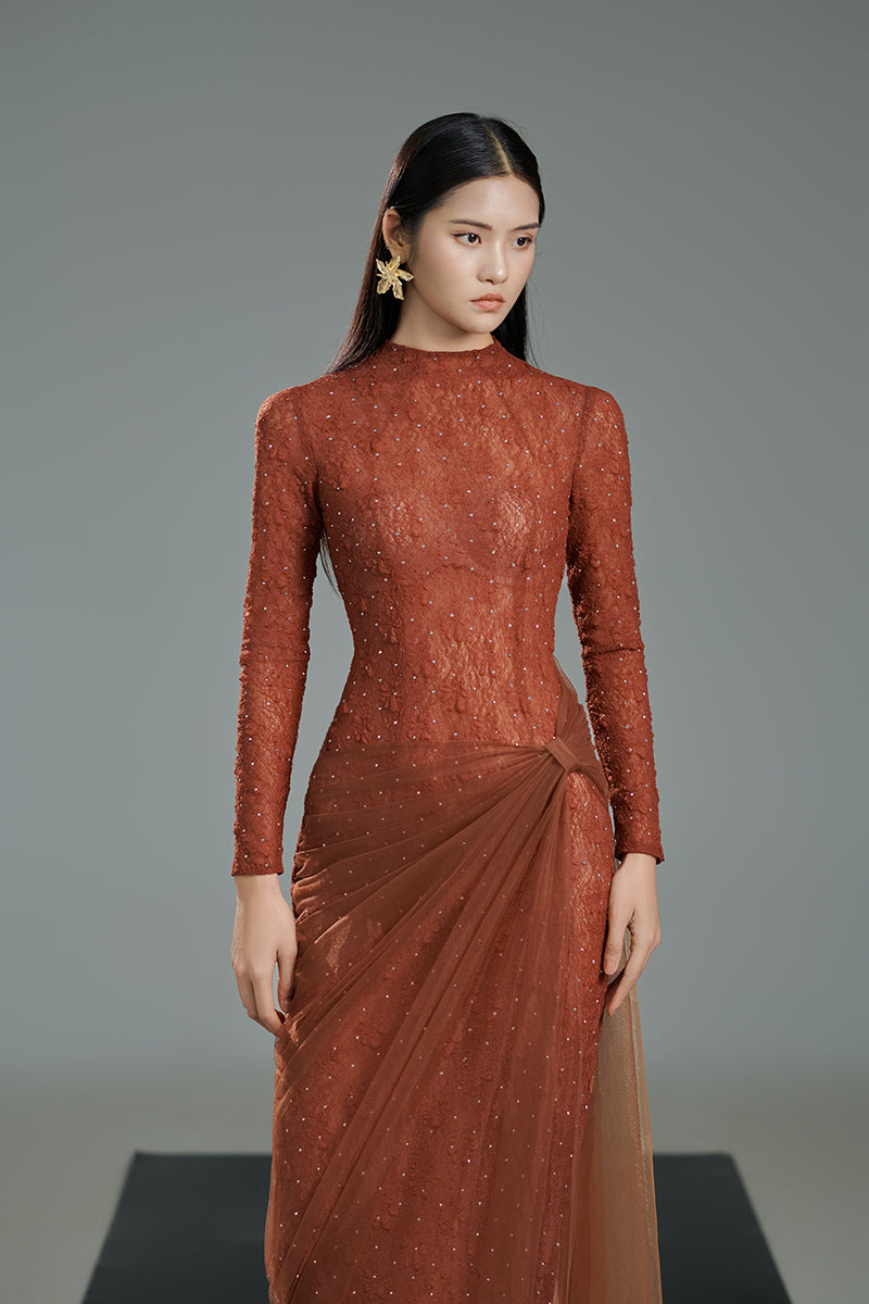 BROWN BODYCON LONG SLEEVED ORGANZA MAXI DRESS - CULT MIA