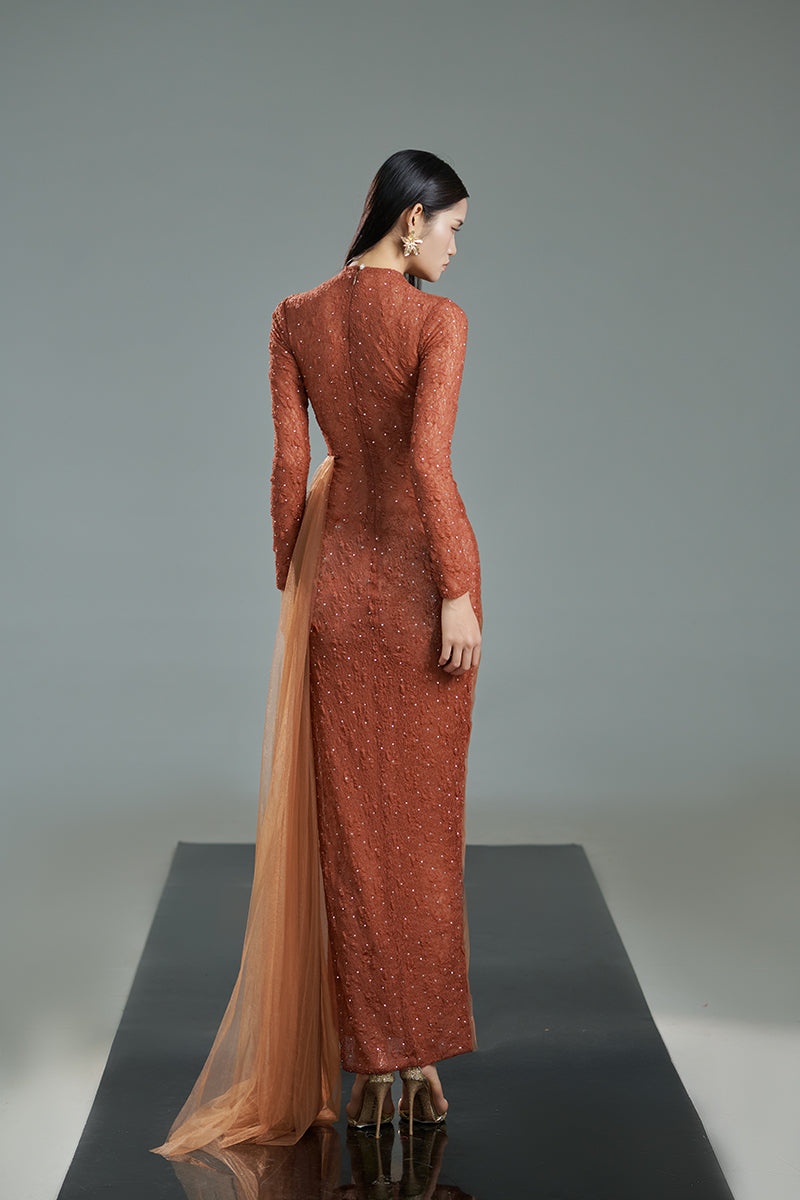 BROWN BODYCON LONG SLEEVED ORGANZA MAXI DRESS - CULT MIA